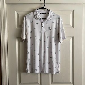 Travis Matthew men’s white polo golf shirt. Summer print themed.